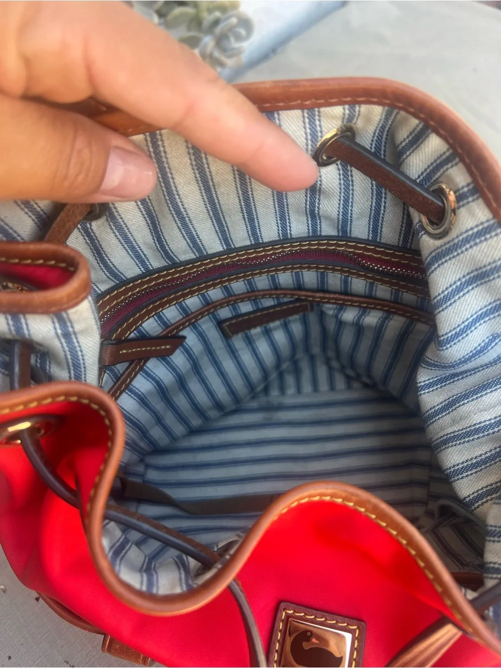 Red Drawstring Hobo with Brown Leather Trim